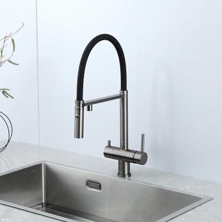 Смеситель для кухни Gappo G4397-89 с подключением фильтра питьевой воды и гибким изливом оружейная сталь/чёрный